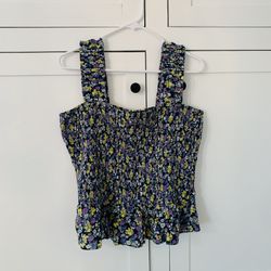 LC Lauren Conrad Navy Blue Ditsy Floral Smocked Square Neck Top Size XXL