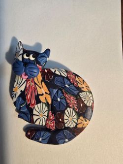 Polymer Clay Floral Cat Brooch