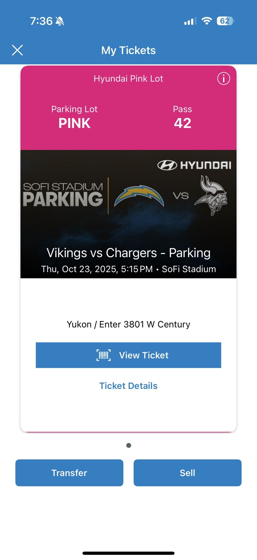 Vikings Vs. Chargers - Pink Tailgating Parking Pass