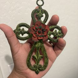 Green Cross Metal Rustic Look With Red Flower