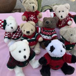 Lot Of 9 Of Hugfun Christmas Teddy Bears 6” Plush With Knit Sweaters