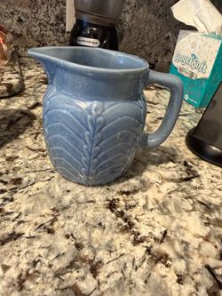 Blue Stoneware Arc Leaf Pattern Milk Pitcher Vintage Excellent Cond.