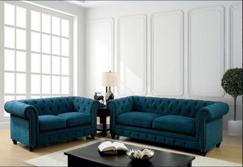 Dark Teal Transitional style Sofa & Loveseat