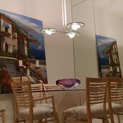 Dining room Glass Top Table With Stone Base And 8 Custom Chairs 