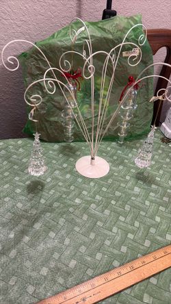 Ornaments- 6” 5 Tier Dangling Glass Bells And 2 5” Clear Christmas Trees 