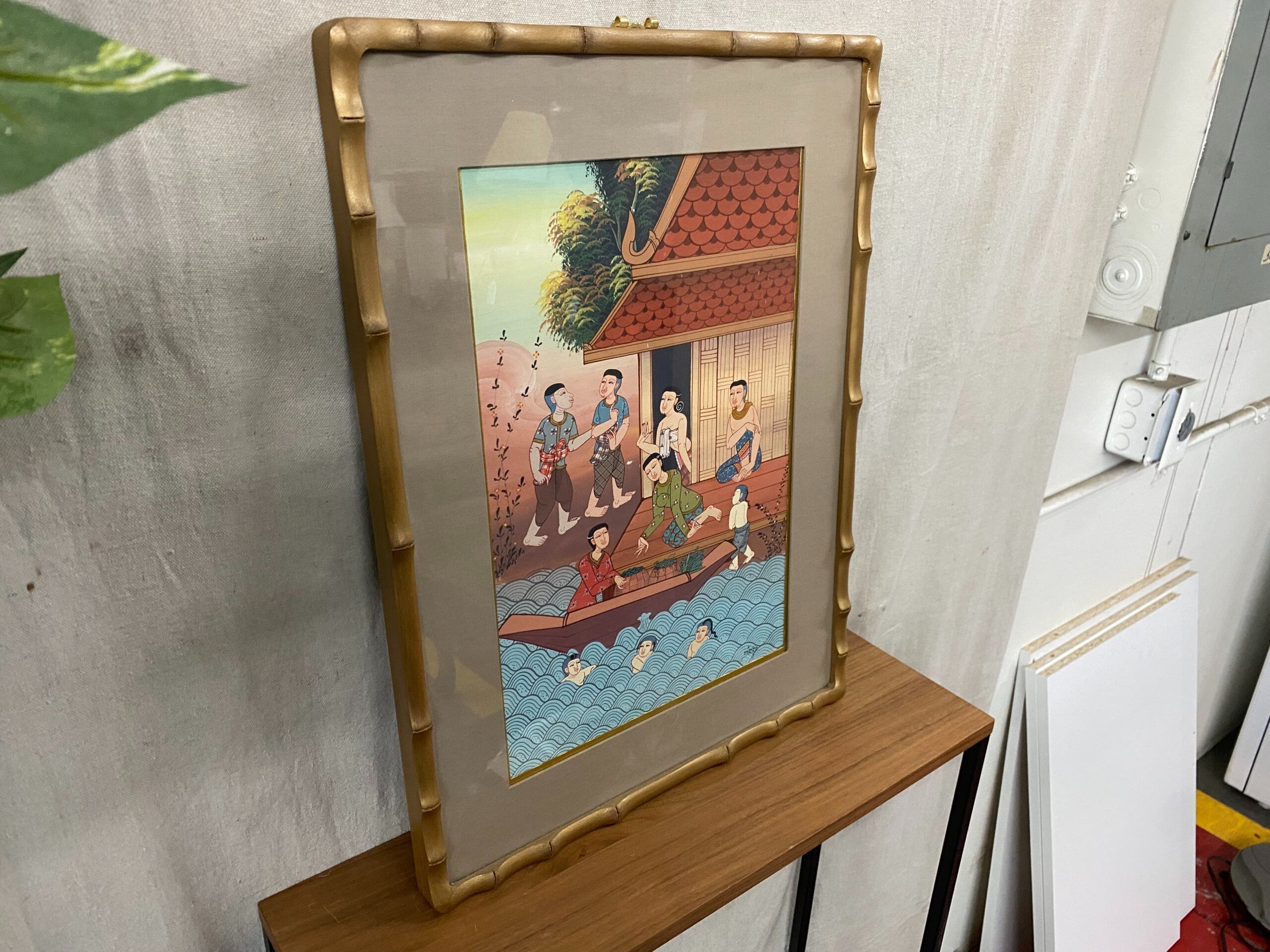 Vintage Painting of Asian Village in Bamboo Frame
