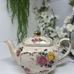 Vintage Sadler Cube Teapot – Pink & Yellow Roses – 1930s Styl