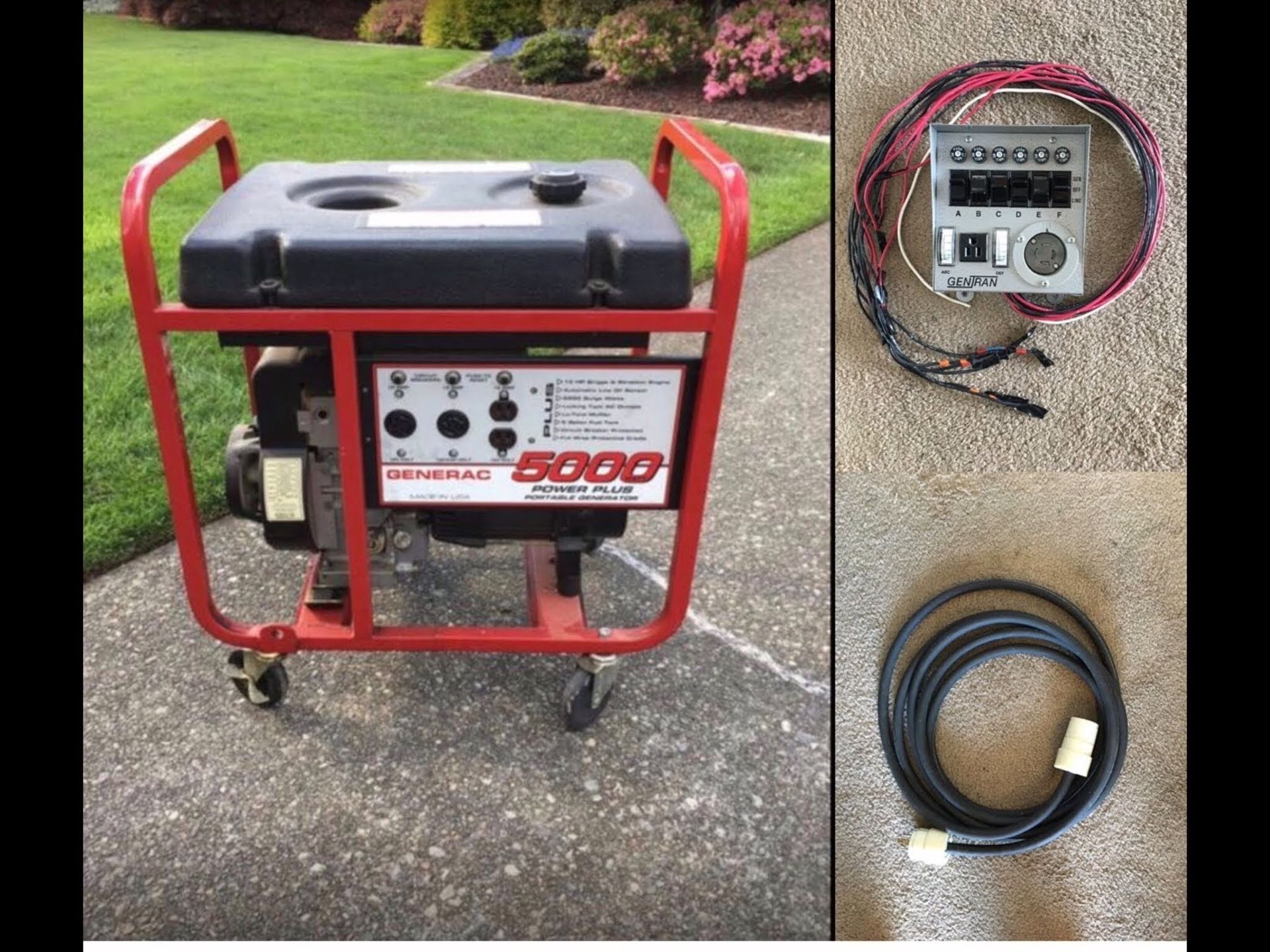 General 5000 watt generator, Gentran 6 circuit transfer switch, 18 foot 20 amp cord.