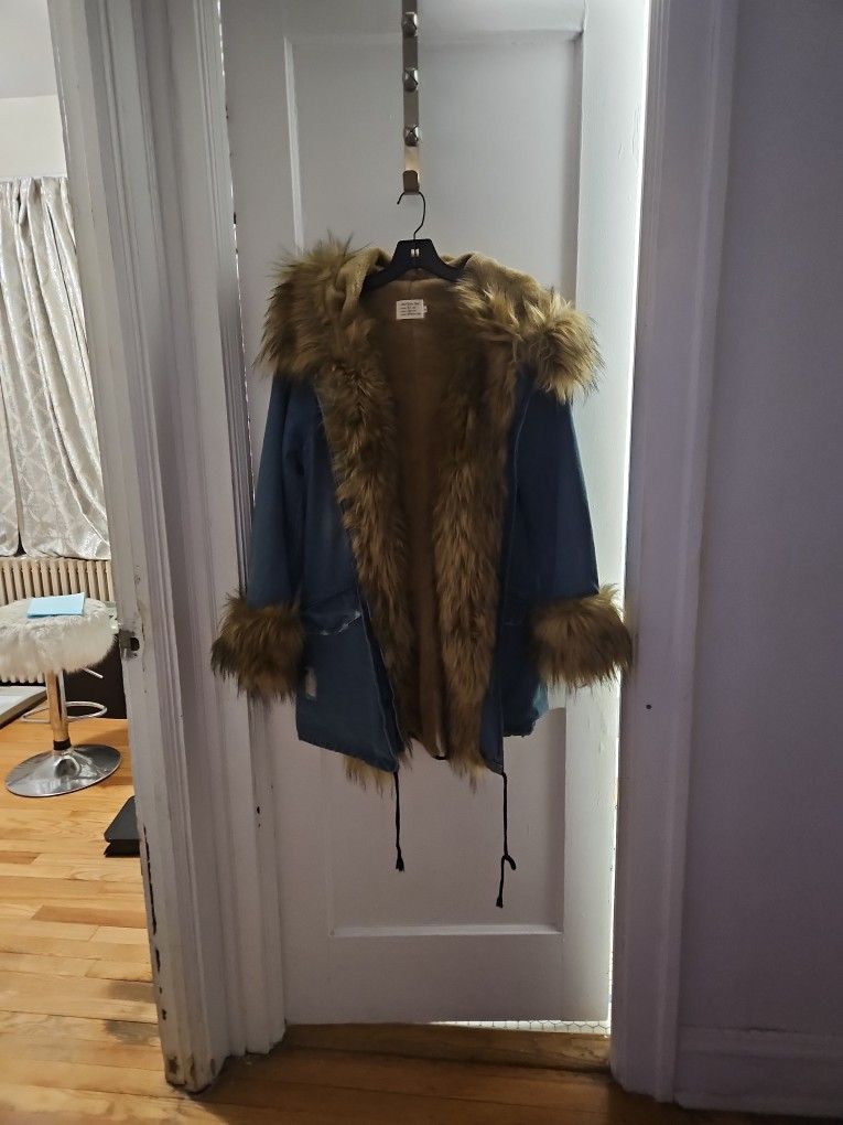 Faux Fur Denim Coat 3/4 Length