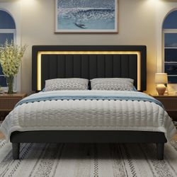 King Size Modern Upholstered Platform Bed with Adjustable Headboard,Velvet Finish,Wide LED Lighted Headboard,No Box Spring