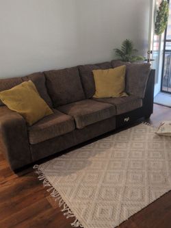Brown Fabric 3-Seat Sofa with Dark Wood Base
