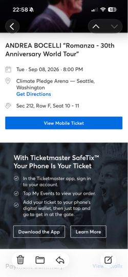 Ticket for Andrea Bocelli concert