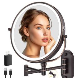 9" Wall Mounted Lighted Makeup Mirror,4000mAh Rechargeable Double Sided 1X/10X Magnifying Mirror with Light,3 Color Lights,Touch Dimmable,Extended Arm
