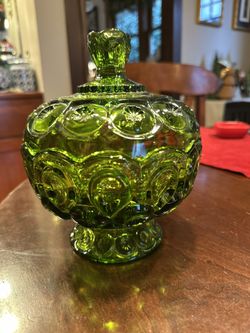 L.E. Smith Green Glass Moon And Stars Footed Candy Dish