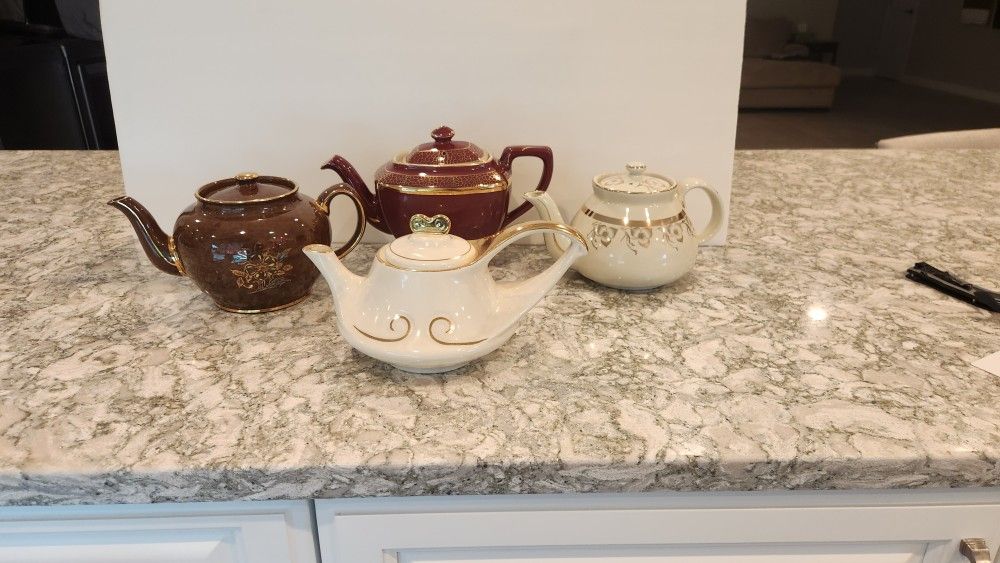4 Great Vintage Gold Trimmed Teappots, Hall, Knox, Sadler $5 Each
