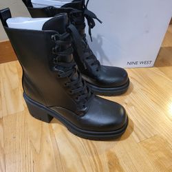 Nine West Juna3 Combat Ankle Boots Womens Size 7 M Black Chunky Heel NEW Box