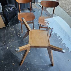 FURNITURE WEST ELM GLASS TABLE / 2 WOOD CHAIRS