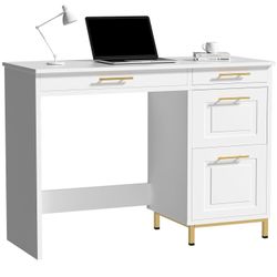 White Desk with Drawers, 43” Home Office Computer Desk with 4 Storage Drawers, Gold Hardware for Small Space, White and Gold Desk Writing S