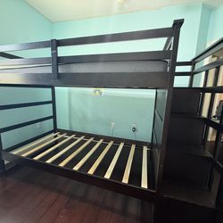 Full over full Loft Bunk Bed with Storage & Stairs – Dark Wood