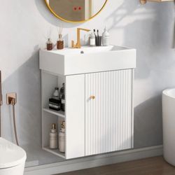 NEW White 21.6 in. W x 12.4 in. D x 26.4 in. H Single Sink Floating Bath Vanity with White Ceramic Top and Left Side
