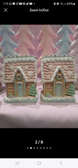 TWO (2) NEW Pink Pastel Gingerbread House Resin Figurine Glitter Candy Snowflakes 6.5"