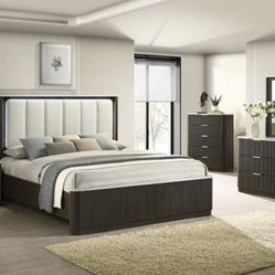 Brown Queen Bed Frame With Leatherette Headboard - Dressers Sold Separate 