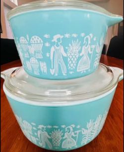 Vintage Turquoise Pyrex Butterprint Set #473 #474 #475(3 bowls 2 lids