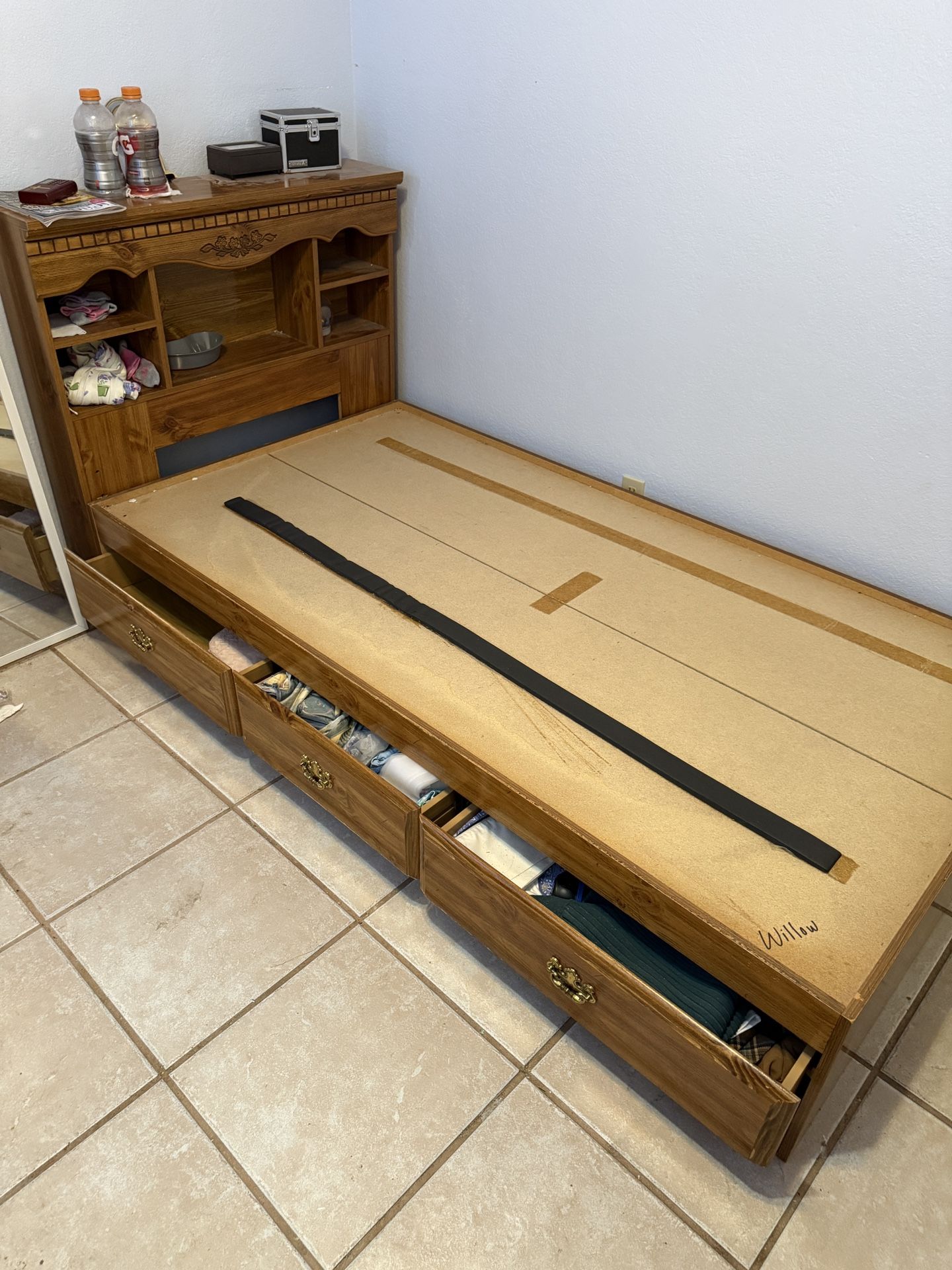 Wooden Twin Bed frame With Headboard Storage And 3 Drawers