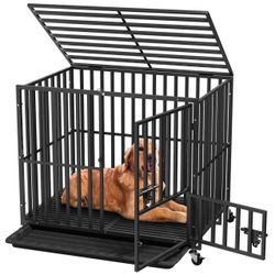 New 38 Inch Heavy Duty Dog Crate, Indestructible Escape-Proof Dog Kennel for High Anxiety Large Dogs, Strong Metal Pet Cage with Double Doors