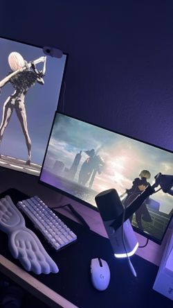 White Gaming PC Setup + Dual Monitors + FiFine Mic + Webcam