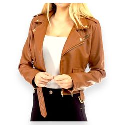 Ashley 26 International Brown Faux Leather Moto-Jacket Medium