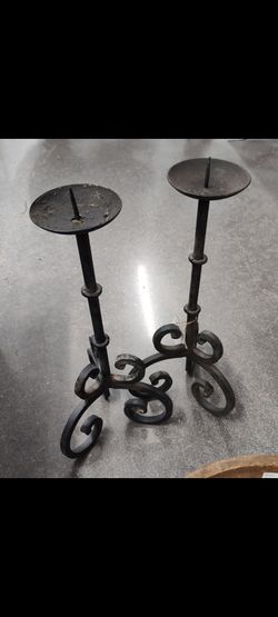 Hand Forged Vintage Wrought Iron Scrolled Candle Holders Pair