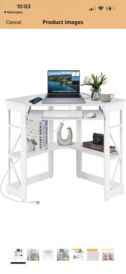 VECELO Corner Desk, Triangle Computer Desk for Small Space with Charging Station and Keyboard Tray, Corner Makeup Table with Storage Shelves for Home 