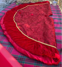 Home Interiors and gift. Red Velvet Embroidered Christmas Tree Skirt with Gold Trim.
