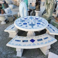 Concrete Mosaic Picnic Table with 3 Benches/ Outdoor Patio Furniture