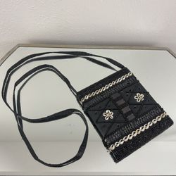 Vintage 90s Black Cloth Beaded Seashell Art Deco Small Crossbody Bag Purse