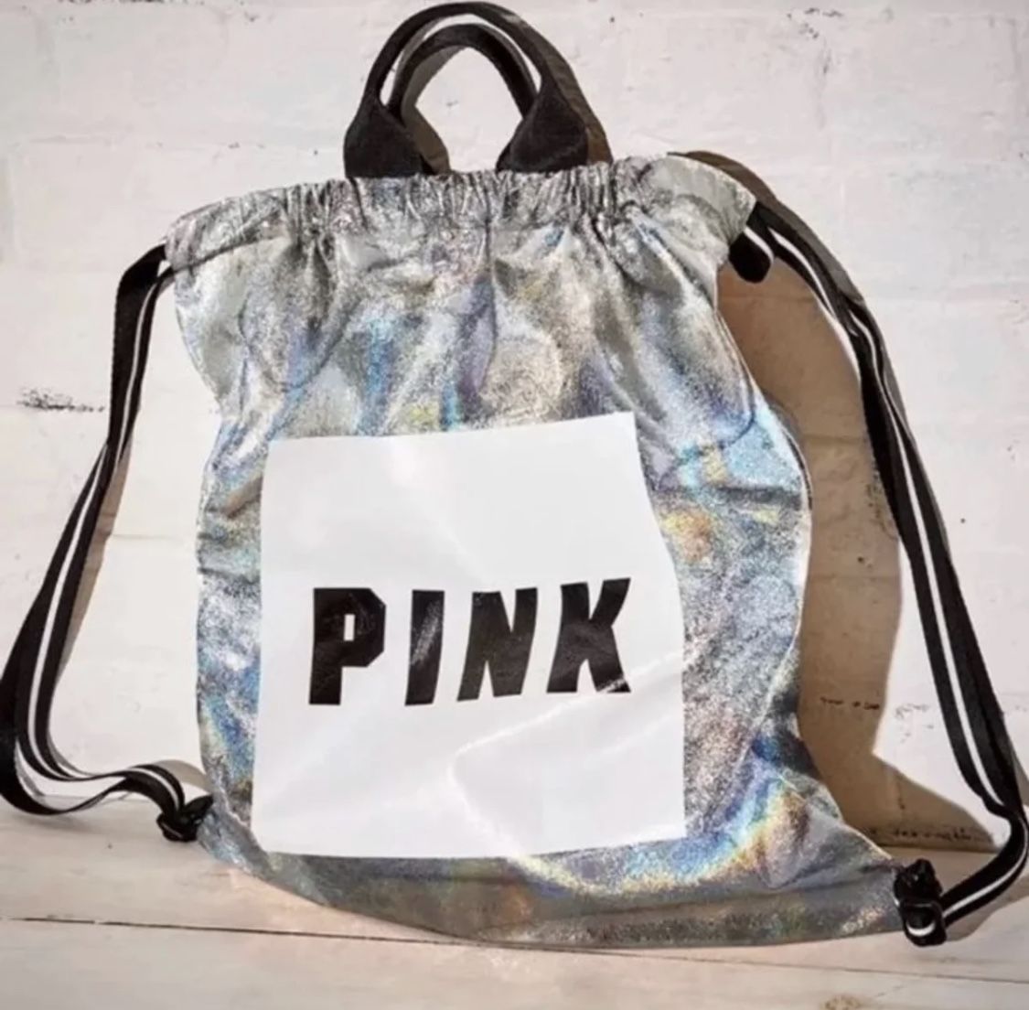 NWT Victoria’s Secret VS PINK Drawstring Bag Backpack, Holographic (Women’s Clothes/Christmas Gifts)