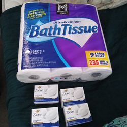 9 Pack Toilet Paper And 4 Dove Soap 