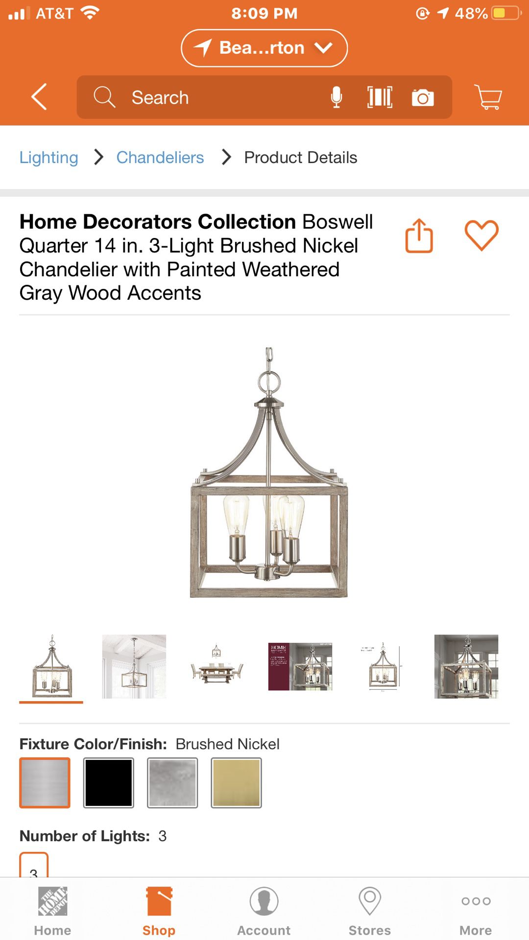 Nickel Chandelier for breakfast table from Home Depot