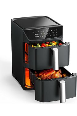 Dual Basket Air Fryer, 12.6QT Family-Size for 10–12 People, XL Basket for 6LB Whole Chicken, DoubleStack Compact Design, 10-in-1 Functions with Reheat