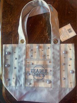 Trader Joe’s Pearl-Embellished mini Canvas Tote Bag Light Blue stripes w/Rivets