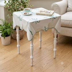 Trompe L'oeil Painted Wood Side Table with Green Bow Pattern 25”H