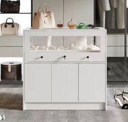 White 39.4 in. H Storage Cabine t Bedroom Dress er Armoire Island with Glass Top, Glass Side Lockable Draw er, Cabine t