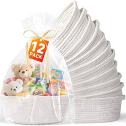 12 Pack White Small Woven Basket with Gift Bags and Ribbons, Woven Rope Baby Empty Baskets & Storage