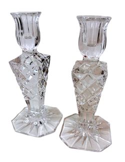 Pair of Clear Glass Candle Holders with Faceted Design