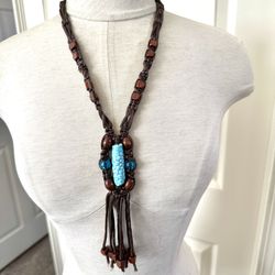 Blue Beaded Brown Cord Boho Necklace 