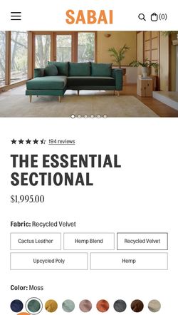 Sabai The Essential Sectional with ottoman/ Green Couch