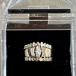 14K Solid Yellow Gold Marquise Genuine Diamond Engagement Ring / and Stacking Diamond Wedding Band Ring Set of 3 Rings !
