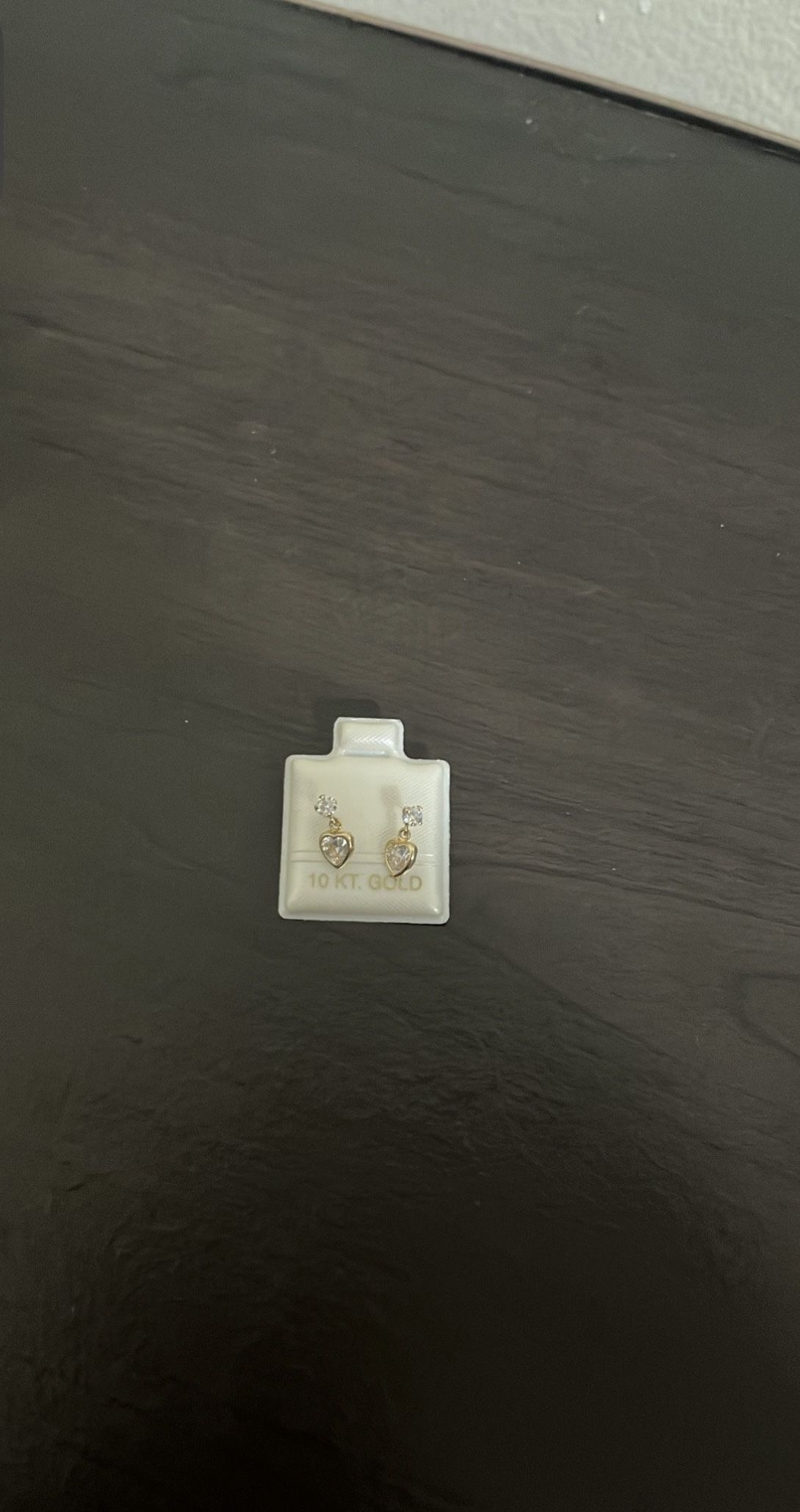 10K Gold Heart Dangle Earrings with Clear Stones