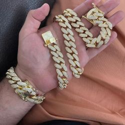 Full Ice Out Cuban Link Set 14k Gold Plated Doesn't Loses Color 